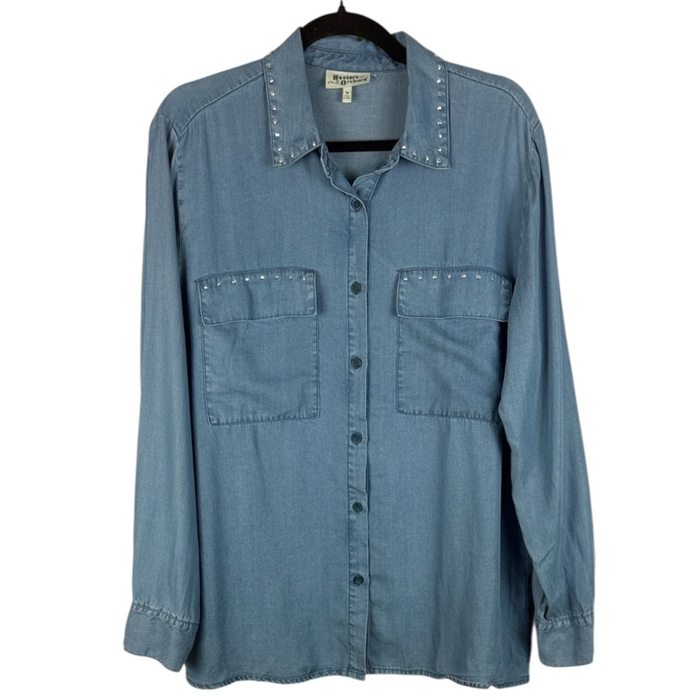 Hester & Orchard 100% Tencel Casual Blue Denim Studded Long Sleeve Medium Blouse